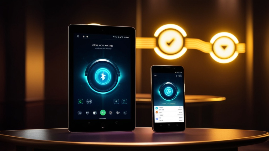 Tablet en smartphone met Android-vereisten en prestatie-iconen in een casino-setting