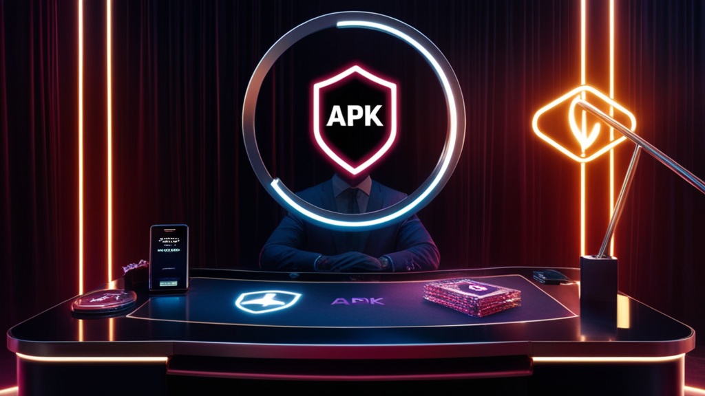 Smartphone met APK-bestand, downloadpijl en beveiligingsschild op een donkere tafel