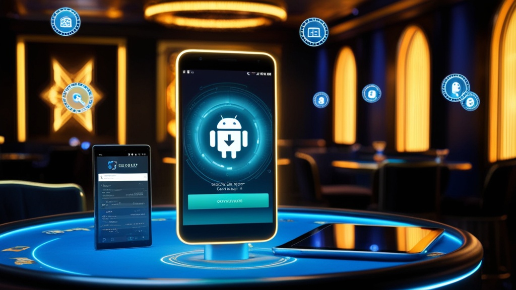 Android-tablet met appdownload en beveiligingsicoon in een donkere casinoomgeving
