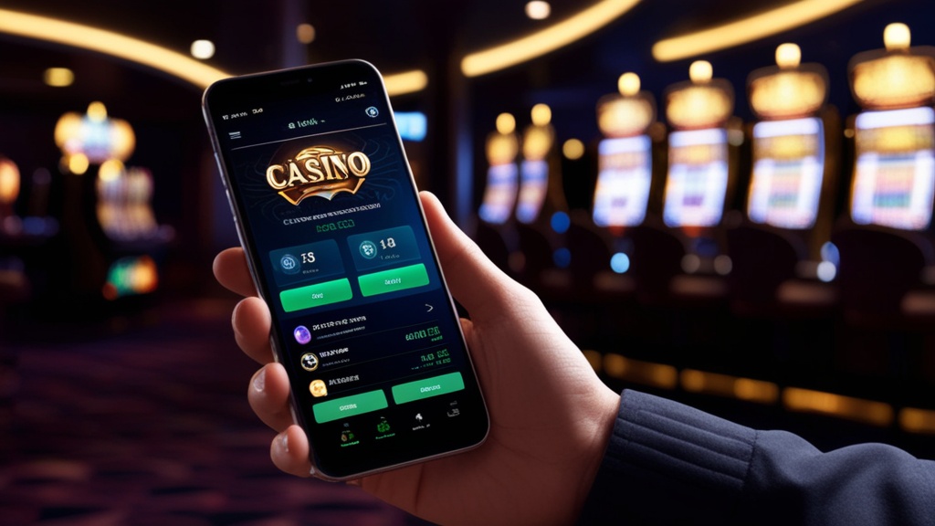 Mobiele app op telefoon met snelle interface en casinoverlichting op de achtergrond